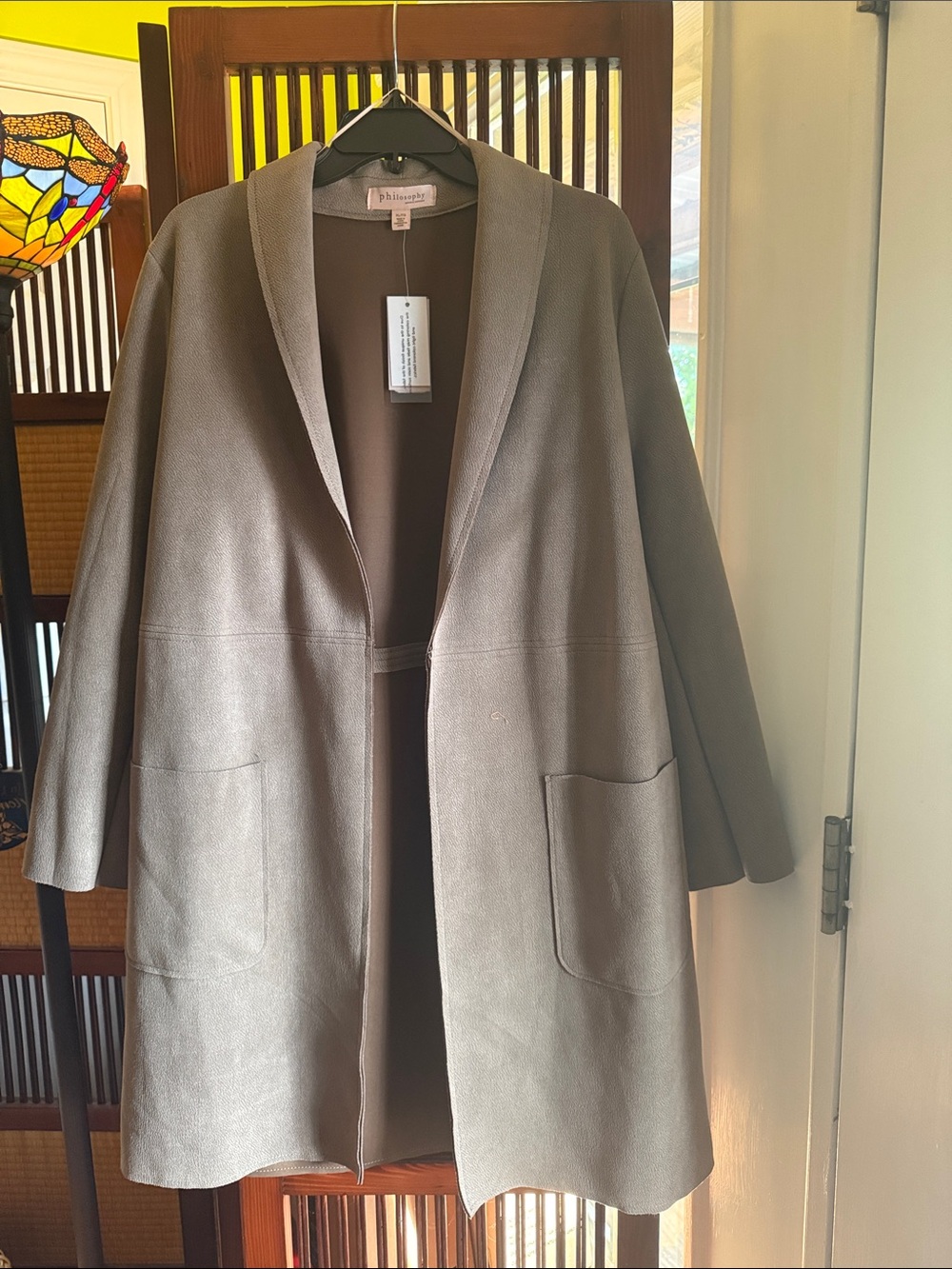 NWT Philosophy Women's Taupe Open-Front Coat with Patch Pockets